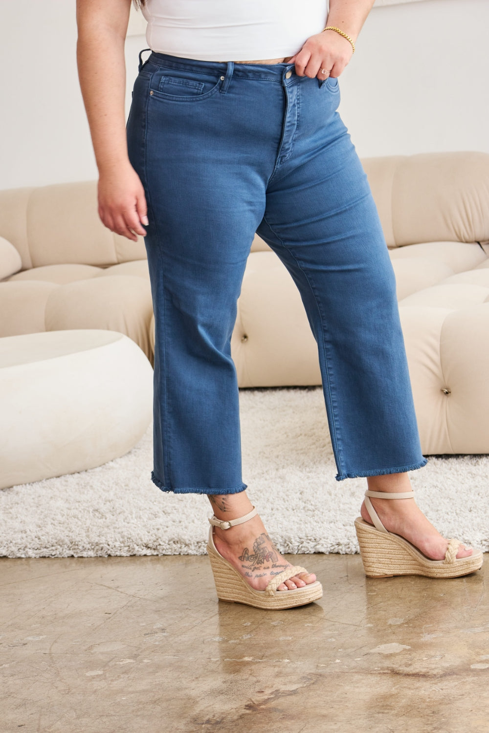 Plus Size Tummy Control High Waist Raw Hem Jeans