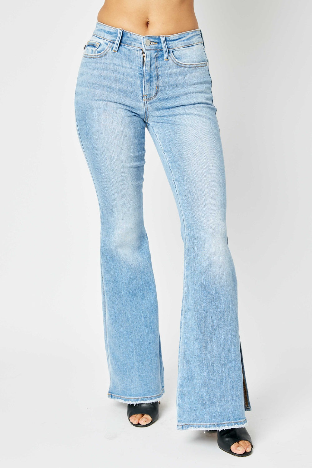 Judy Blue Plus Size Mid Rise Raw Hem Slit Flare Jeans