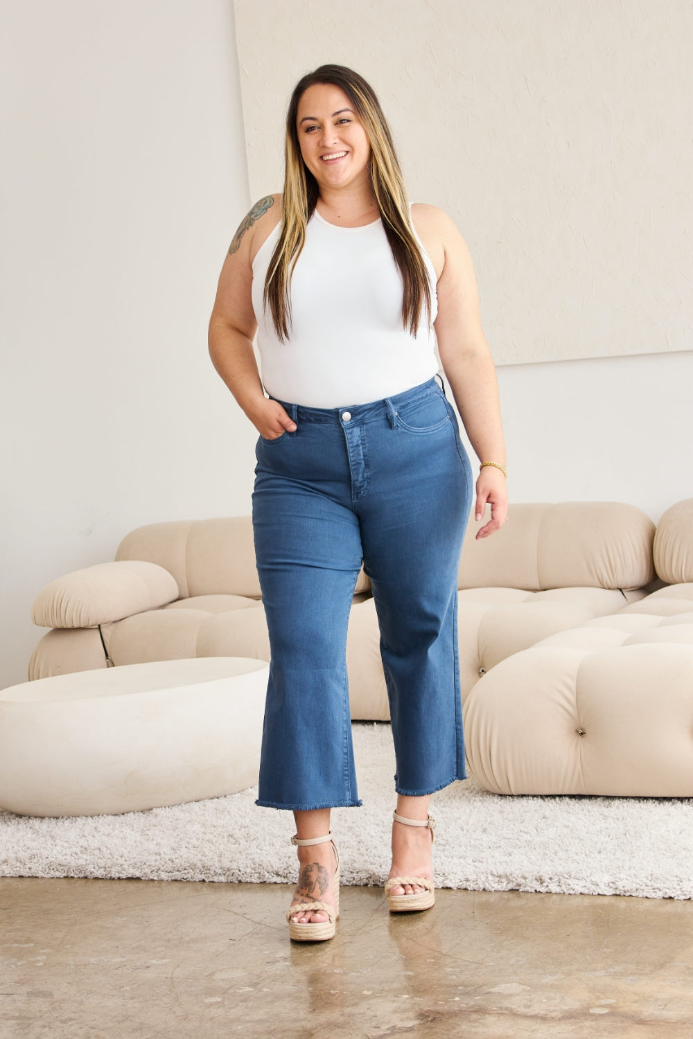 Plus Size Tummy Control High Waist Raw Hem Jeans