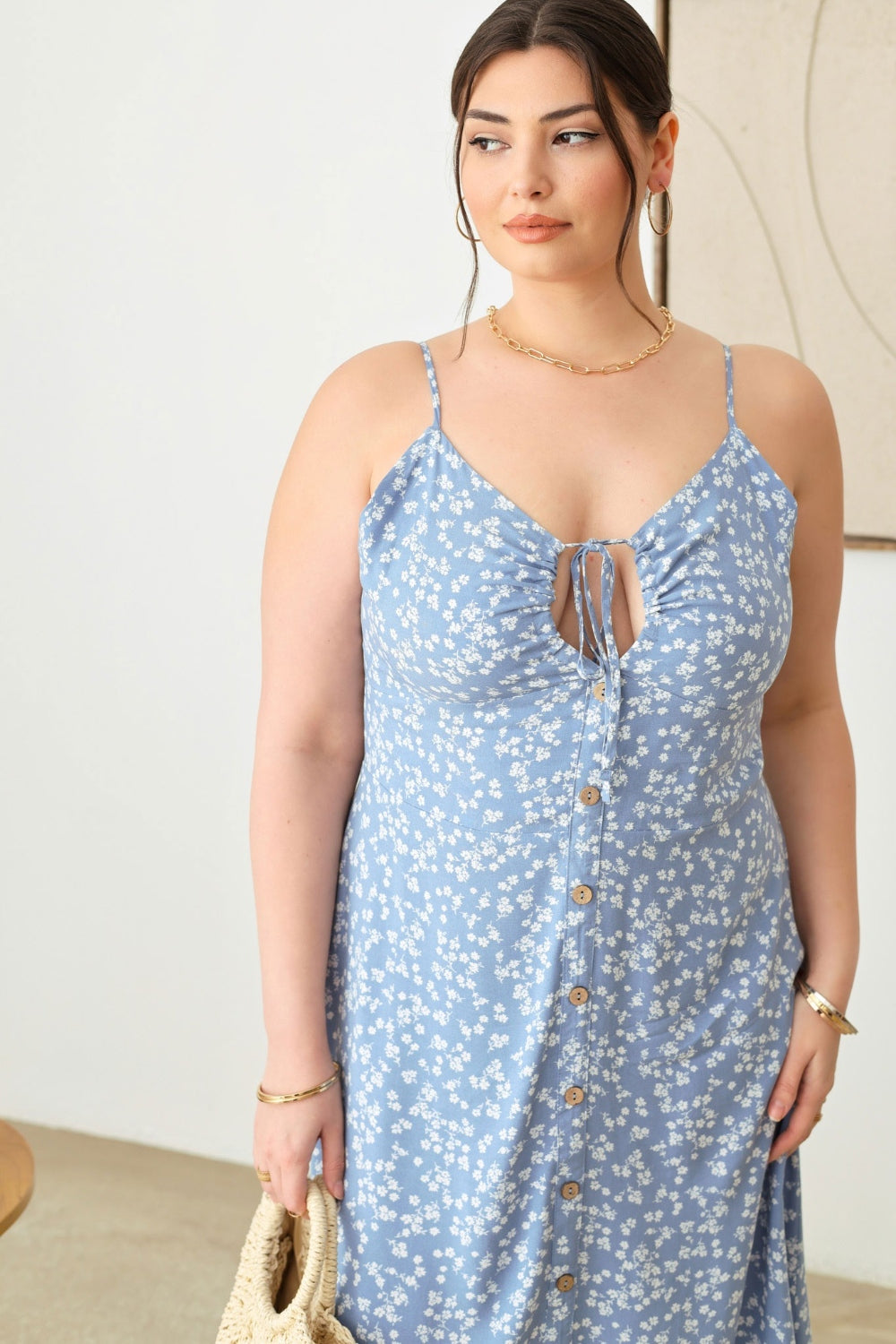 Plus Size Cutout Floral Spaghetti Strap Dress