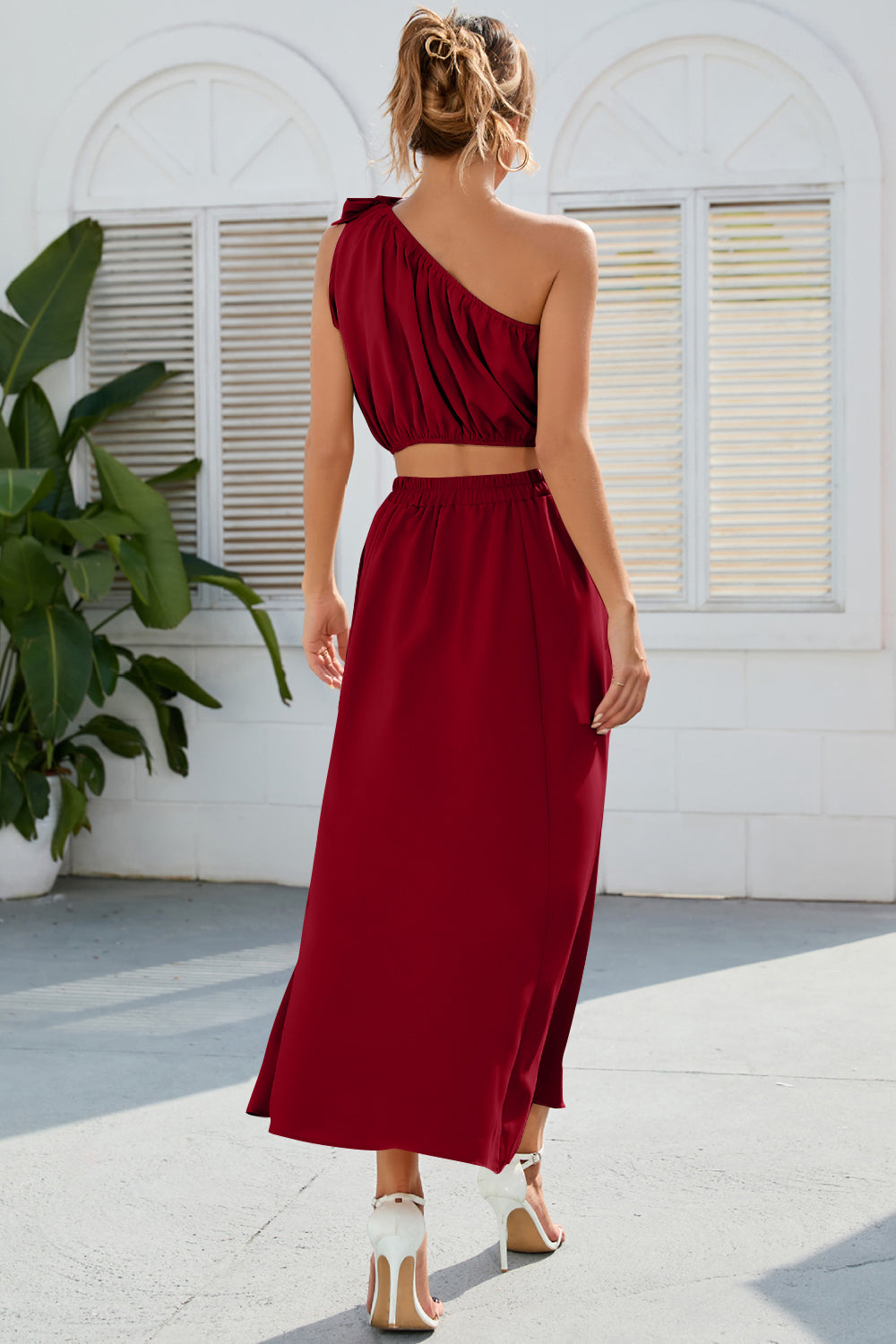 Ruched One Shoulder Top and Slit Skirt Set