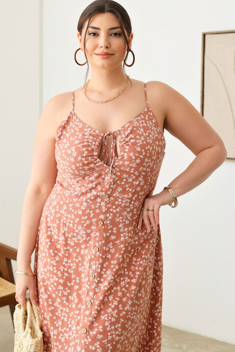 Plus Size Cutout Floral Spaghetti Strap Dress