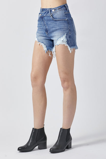 Raw Hem Asymmetrical Waist Denim Shorts