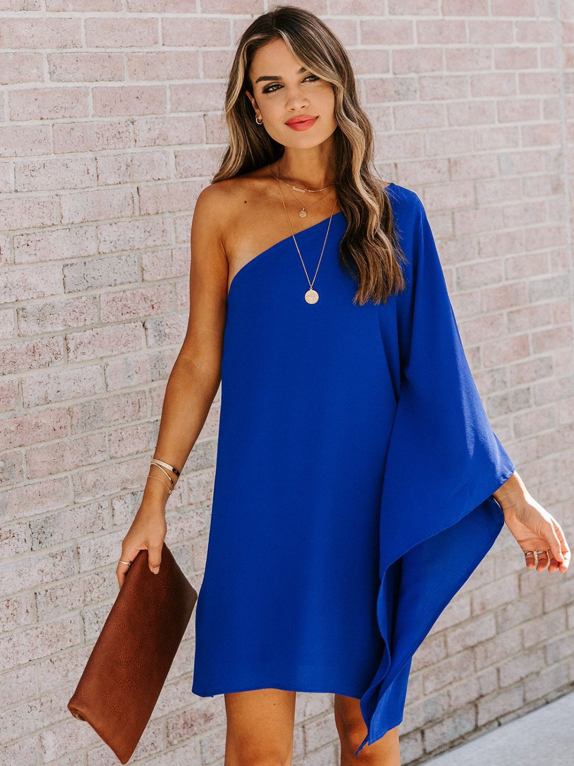 Single Shoulder Kimono Sleeve Mini Dress