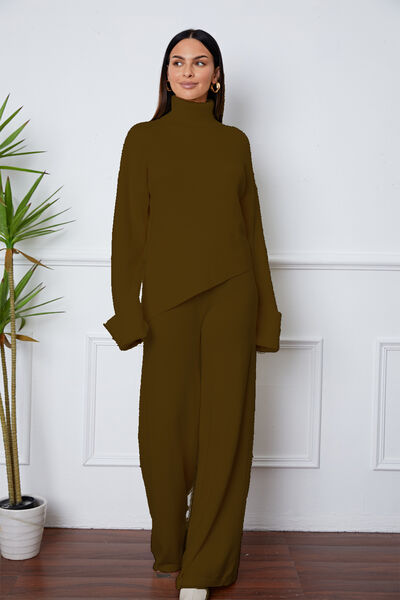 Turtleneck Dropped Shoulder Top and Pants Sweater Set