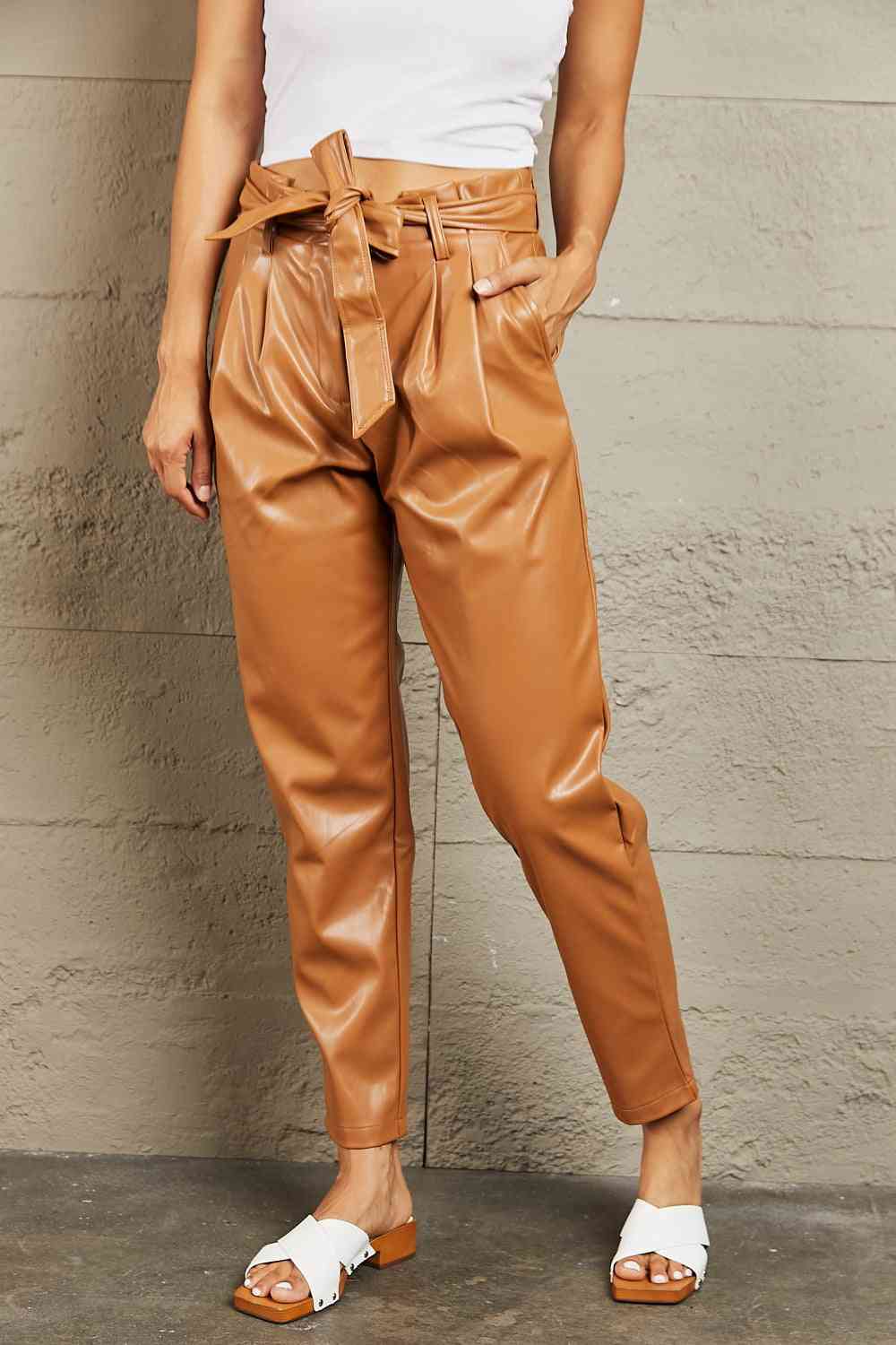 Plus Size Faux Leather Paperbag Waist Pants