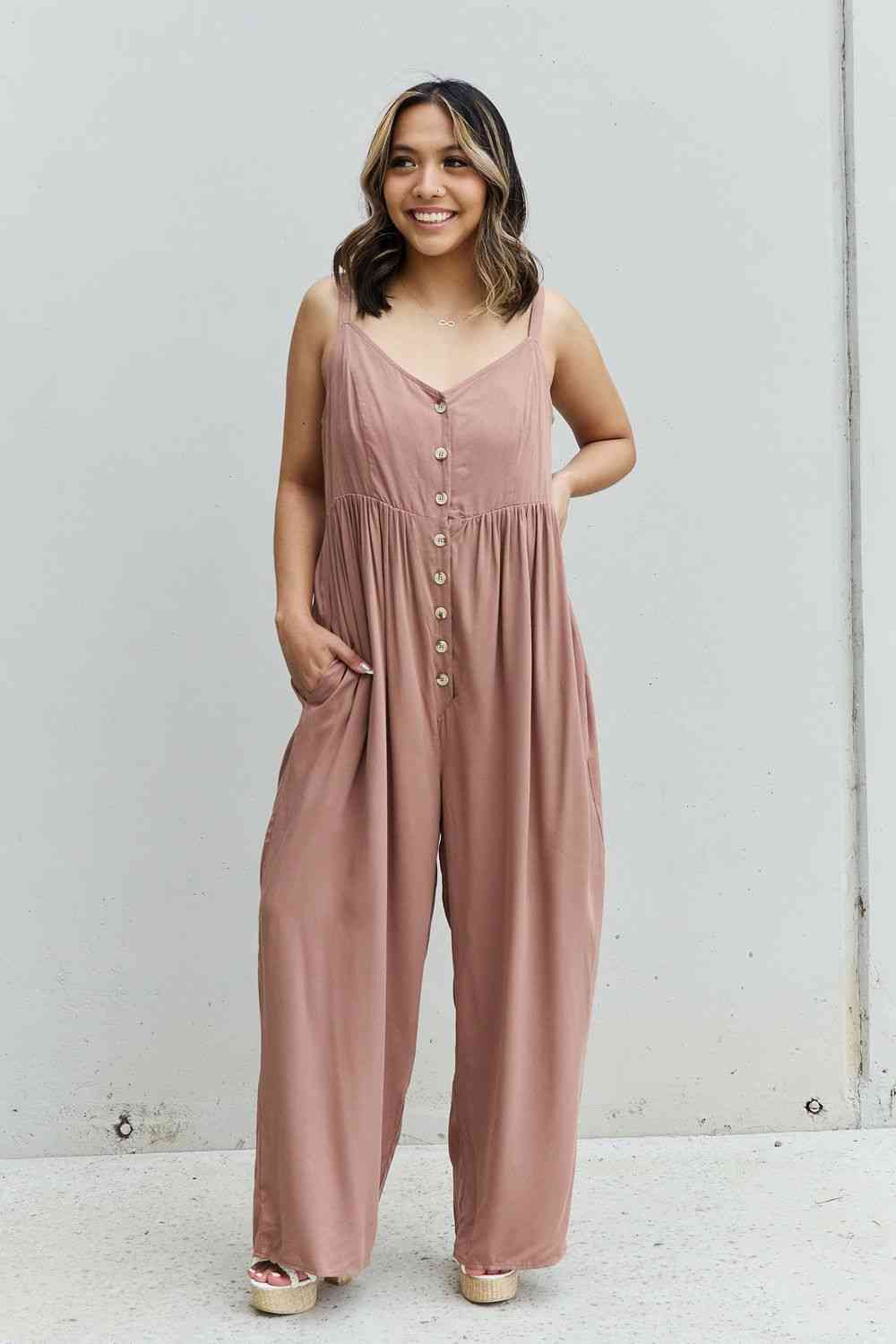 Plus Size Wide Leg Button Down Jumpsuit in Mocha