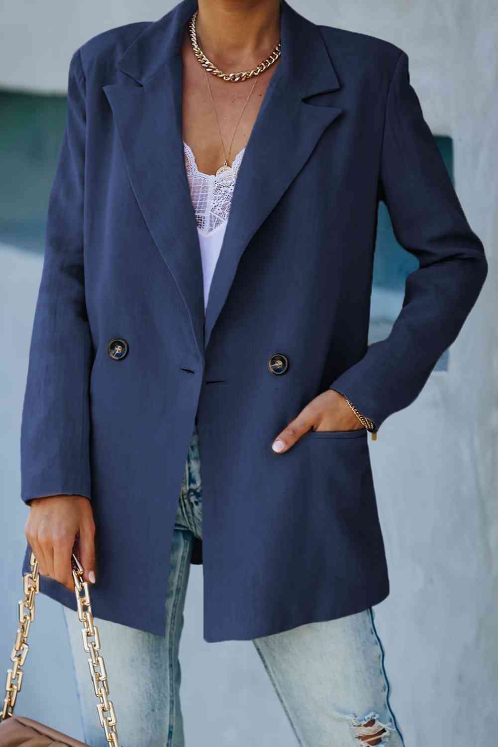 Double-Breasted Padded Shoulder Blazer with Pockets