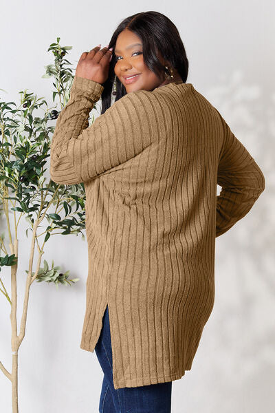 Plus Size Ribbed Round Neck Long Sleeve Slit Top