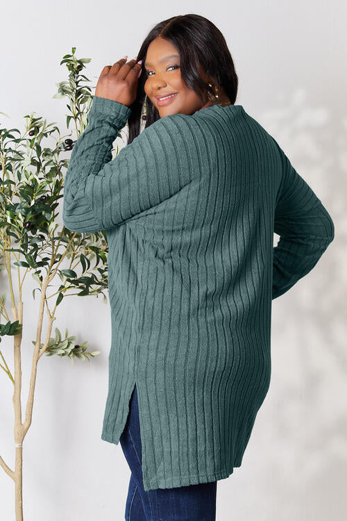 Plus Size Ribbed Round Neck Long Sleeve Slit Top