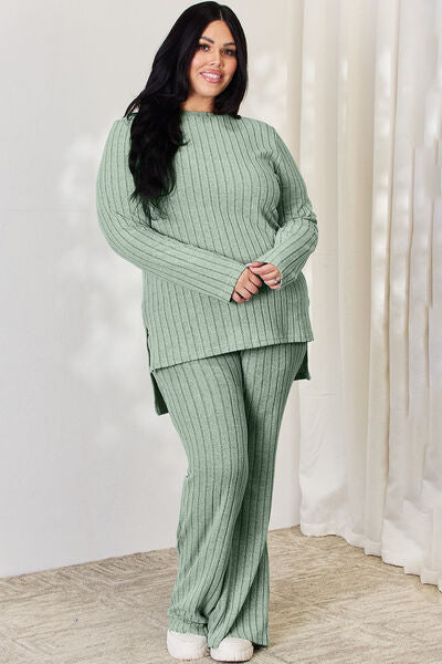 Plus Size Ribbed High-Low Top and Wide Leg Pants Set