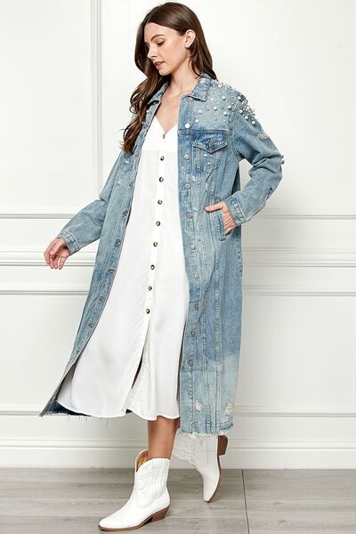 Plus Size Distressed Raw Hem Pearl Detail Button Up Jacket