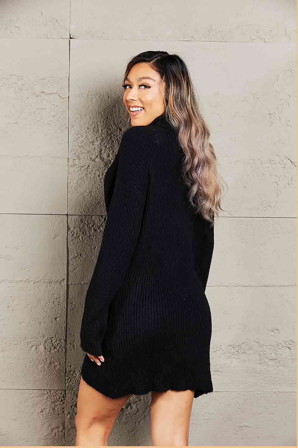 Rib-Knit Turtleneck Drop Shoulder Sweater Dress