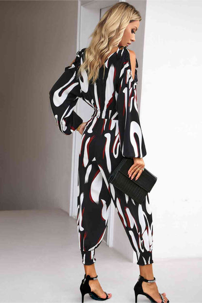 Printed Cold-Shoulder Surplice Neck Jumpsuit