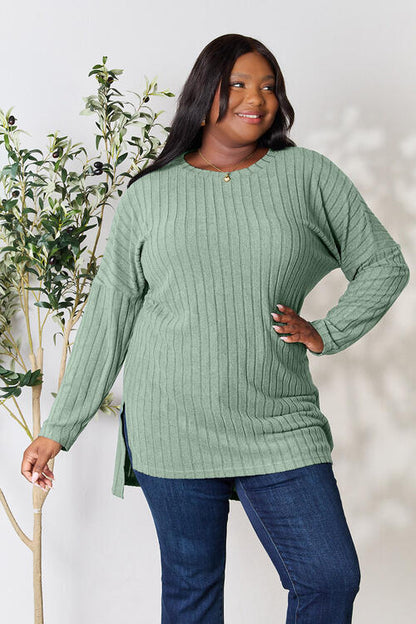 Plus Size Ribbed Round Neck Long Sleeve Slit Top