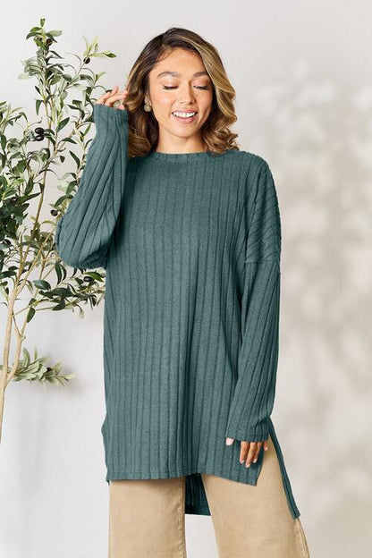 Plus Size Ribbed Round Neck Long Sleeve Slit Top