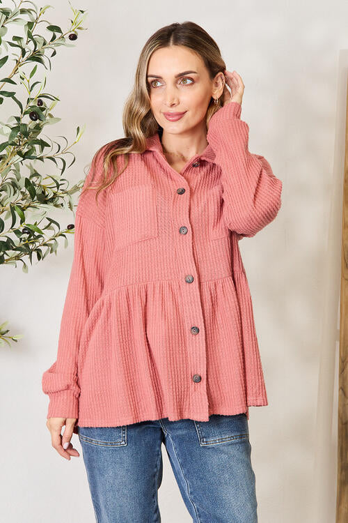 Plus Size Waffle-Knit Button Down Blouse