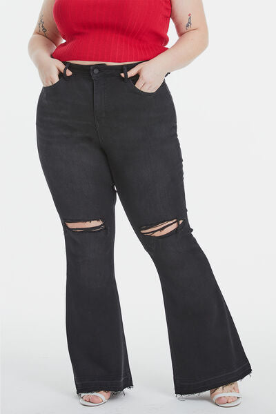 Plus Size High Waist Distressed Raw Hem Flare Jeans