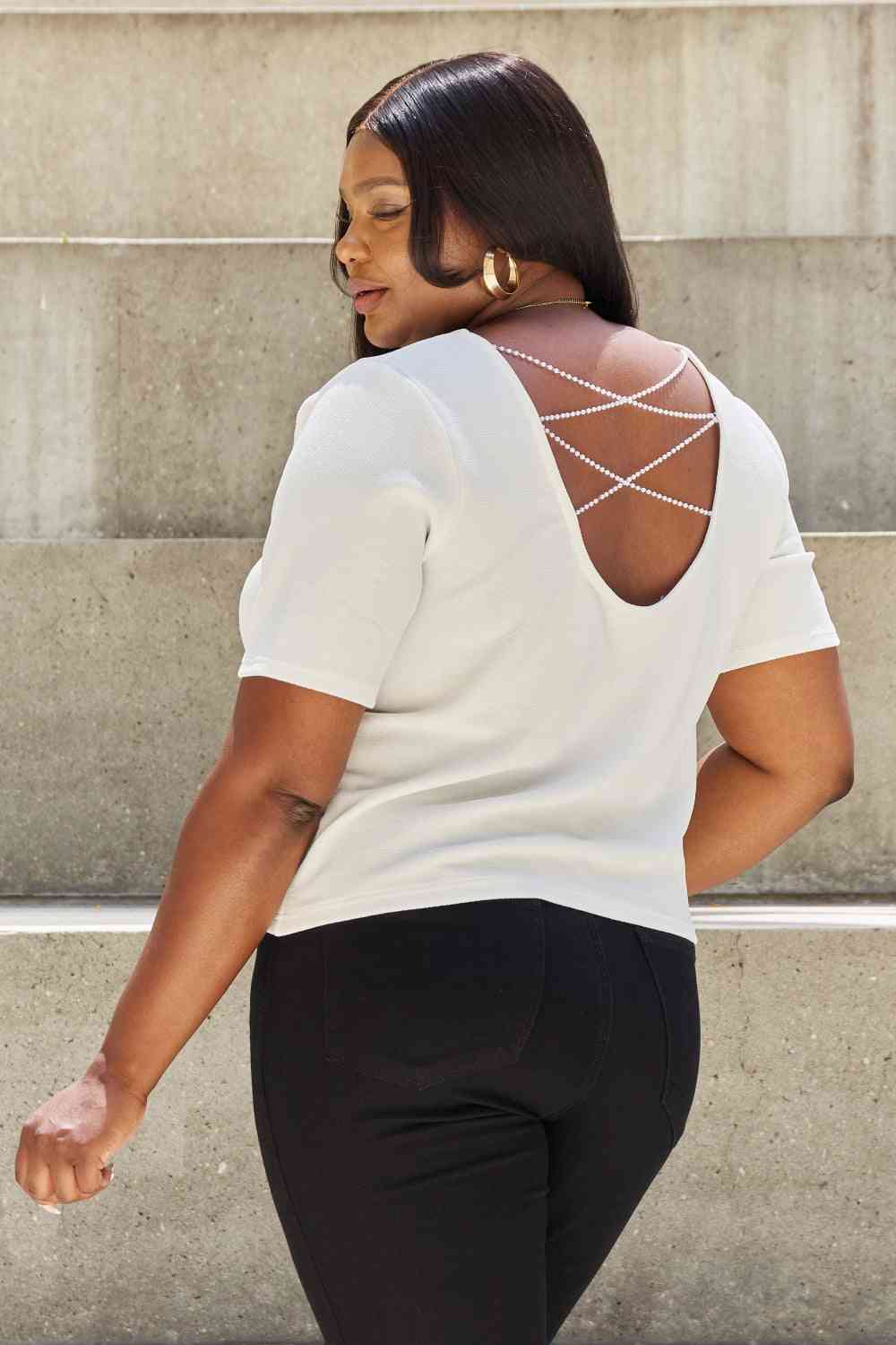 Plus Size Criss Cross Pearl Detail Open Back T-Shirt