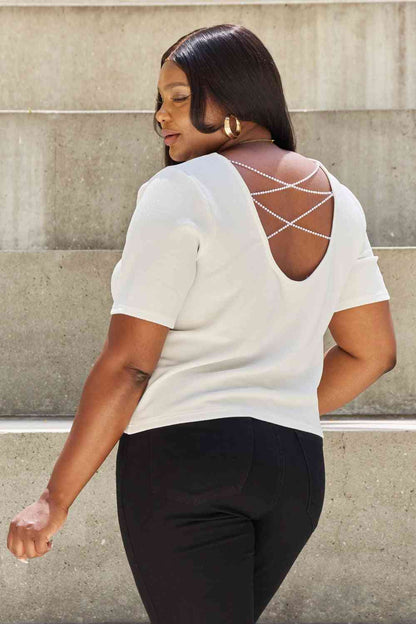 Plus Size Criss Cross Pearl Detail Open Back T-Shirt