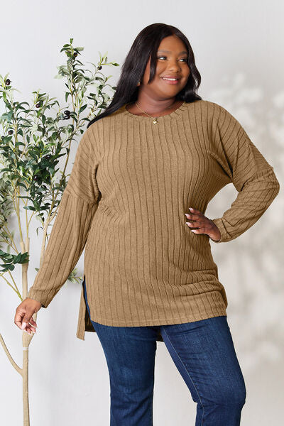 Plus Size Ribbed Round Neck Long Sleeve Slit Top