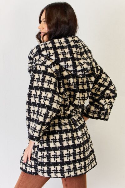 Fuzzy Plaid Waist Tie Hooded Robe Cardigan