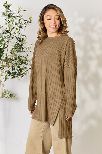 Plus Size Ribbed Round Neck Long Sleeve Slit Top