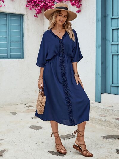 Frill Slit V-Neck Three-Quarter Sleeve Dress