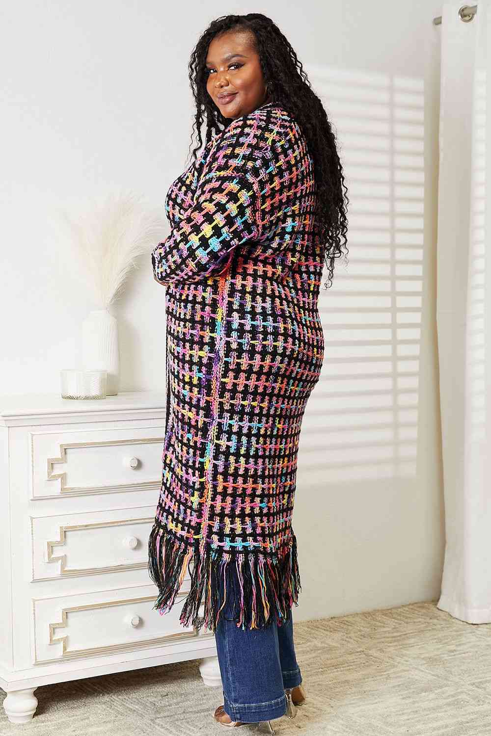 Plus Size Multicolored Open Front Fringe Hem Cardigan