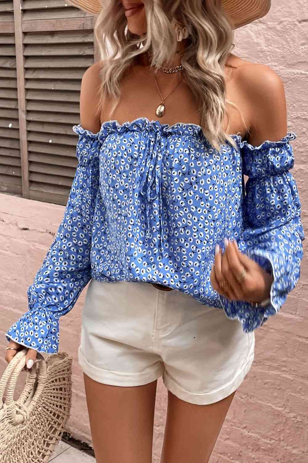 Off Shoulder Printed Frill Trim Blouse