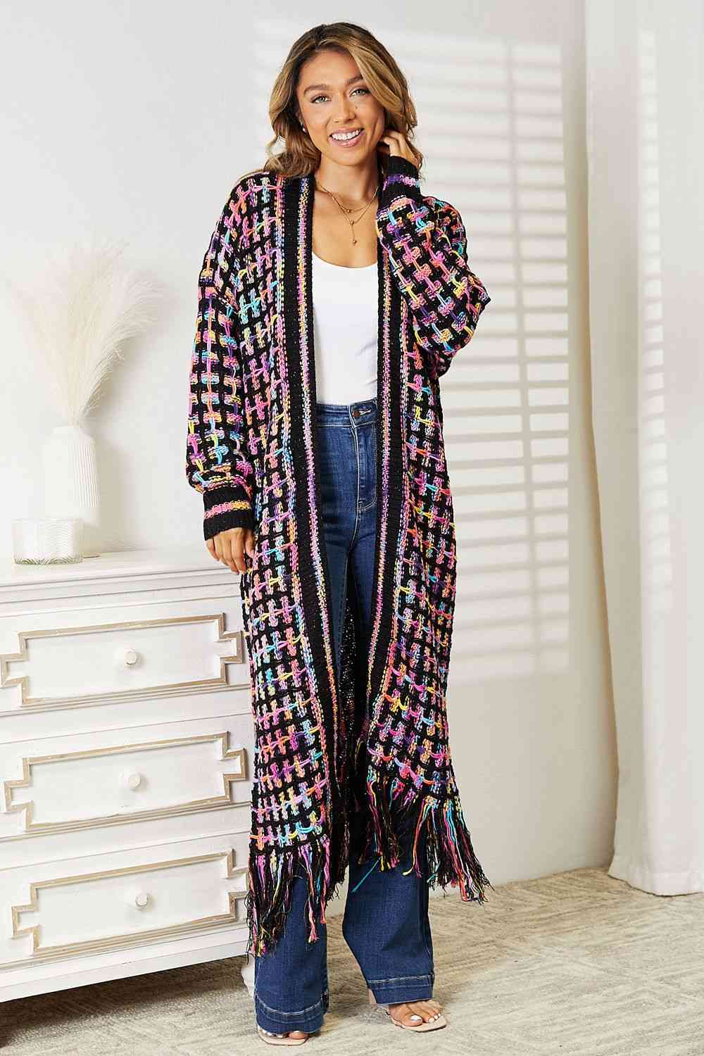 Plus Size Multicolored Open Front Fringe Hem Cardigan