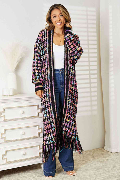 Plus Size Multicolored Open Front Fringe Hem Cardigan