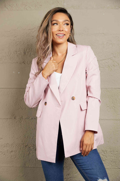 Double-Breasted Padded Shoulder Blazer with Pockets