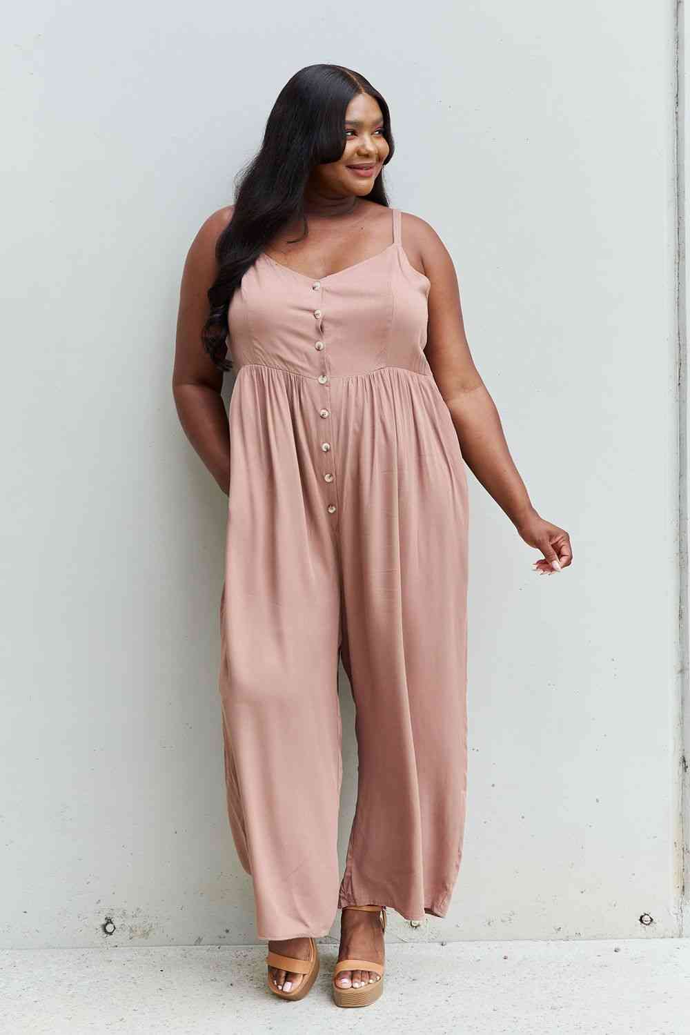 Plus Size Wide Leg Button Down Jumpsuit in Mocha