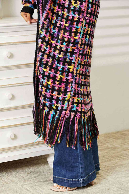 Plus Size Multicolored Open Front Fringe Hem Cardigan