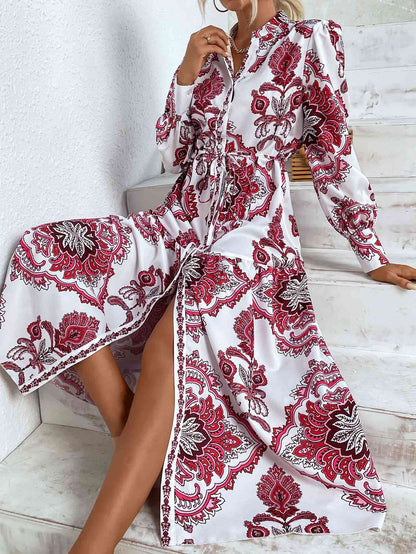 Printed Tie Waist Notched Neck Midi Dress