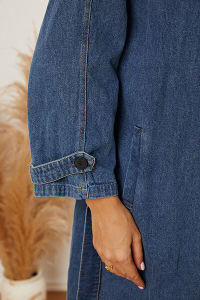 Double-Breasted Belted Longline Denim Jacket