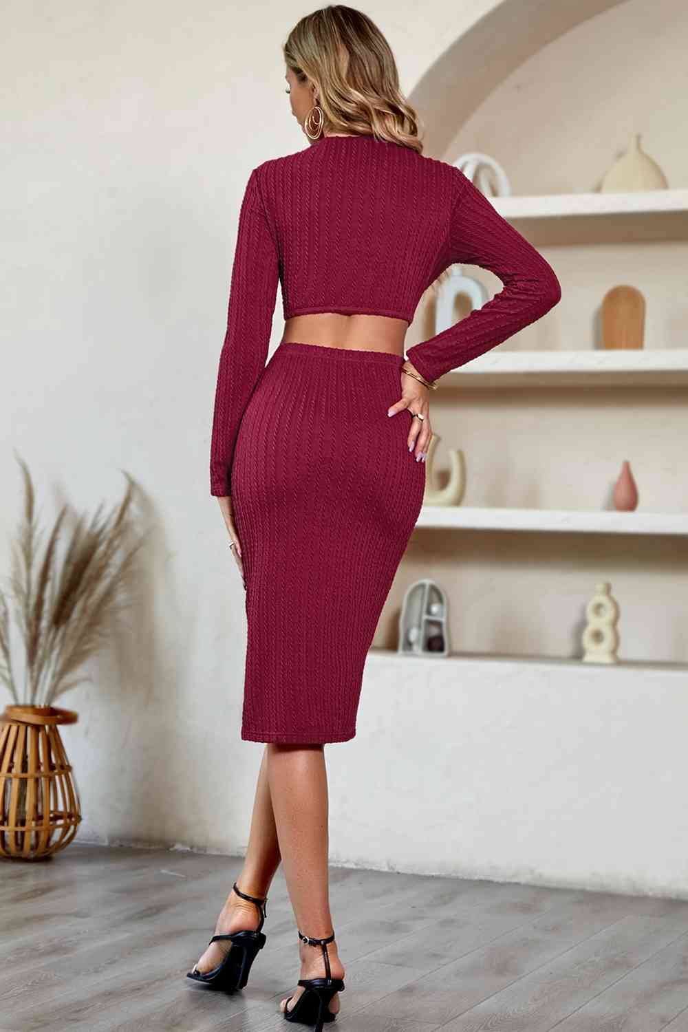 Cutout Crisscross Round Neck Long Sleeve Dress