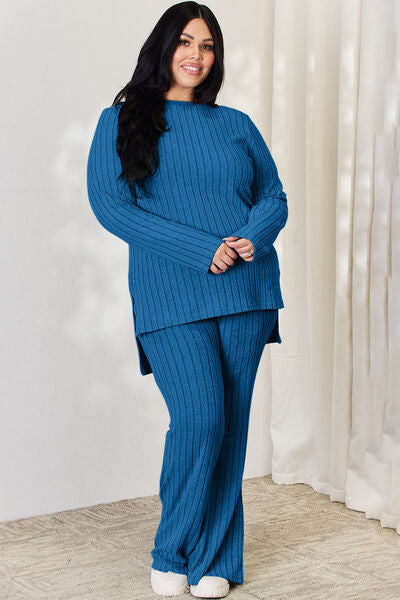 Plus Size Ribbed High-Low Top and Wide Leg Pants Set