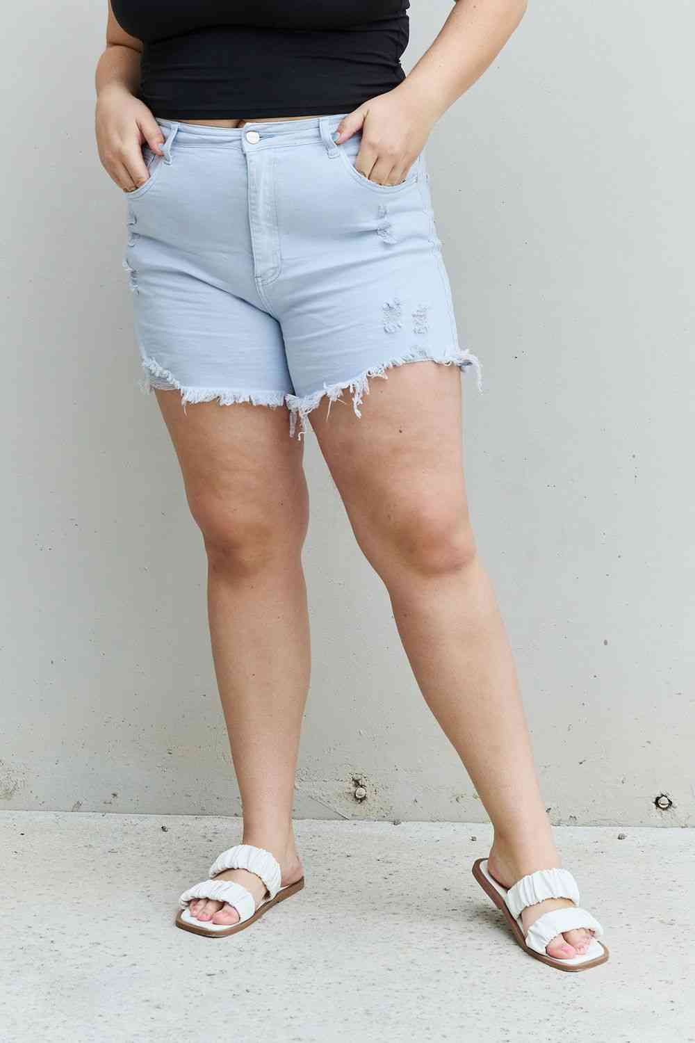 Plus Size High Waisted Distressed Shorts in Ice Blue