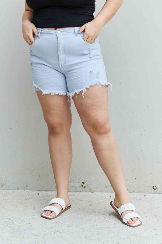 Plus Size High Waisted Distressed Shorts in Ice Blue