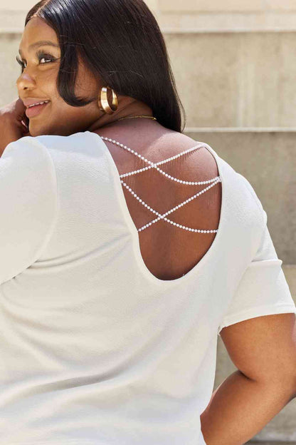 Plus Size Criss Cross Pearl Detail Open Back T-Shirt