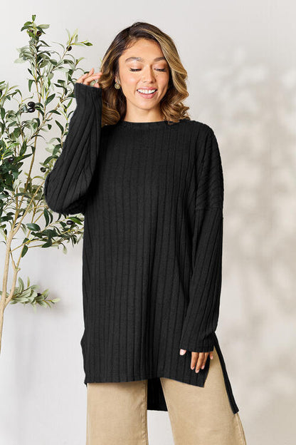 Plus Size Ribbed Round Neck Long Sleeve Slit Top