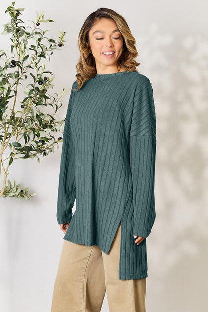 Plus Size Ribbed Round Neck Long Sleeve Slit Top