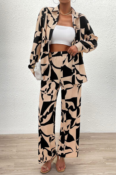 Printed Button Up Shirt and Pants Set