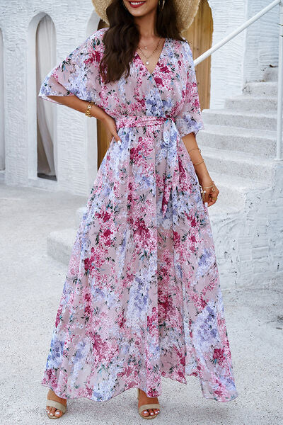 Printed Tied Half Sleeve Slit Dress