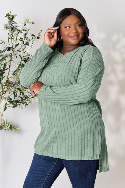 Plus Size Ribbed Round Neck Long Sleeve Slit Top