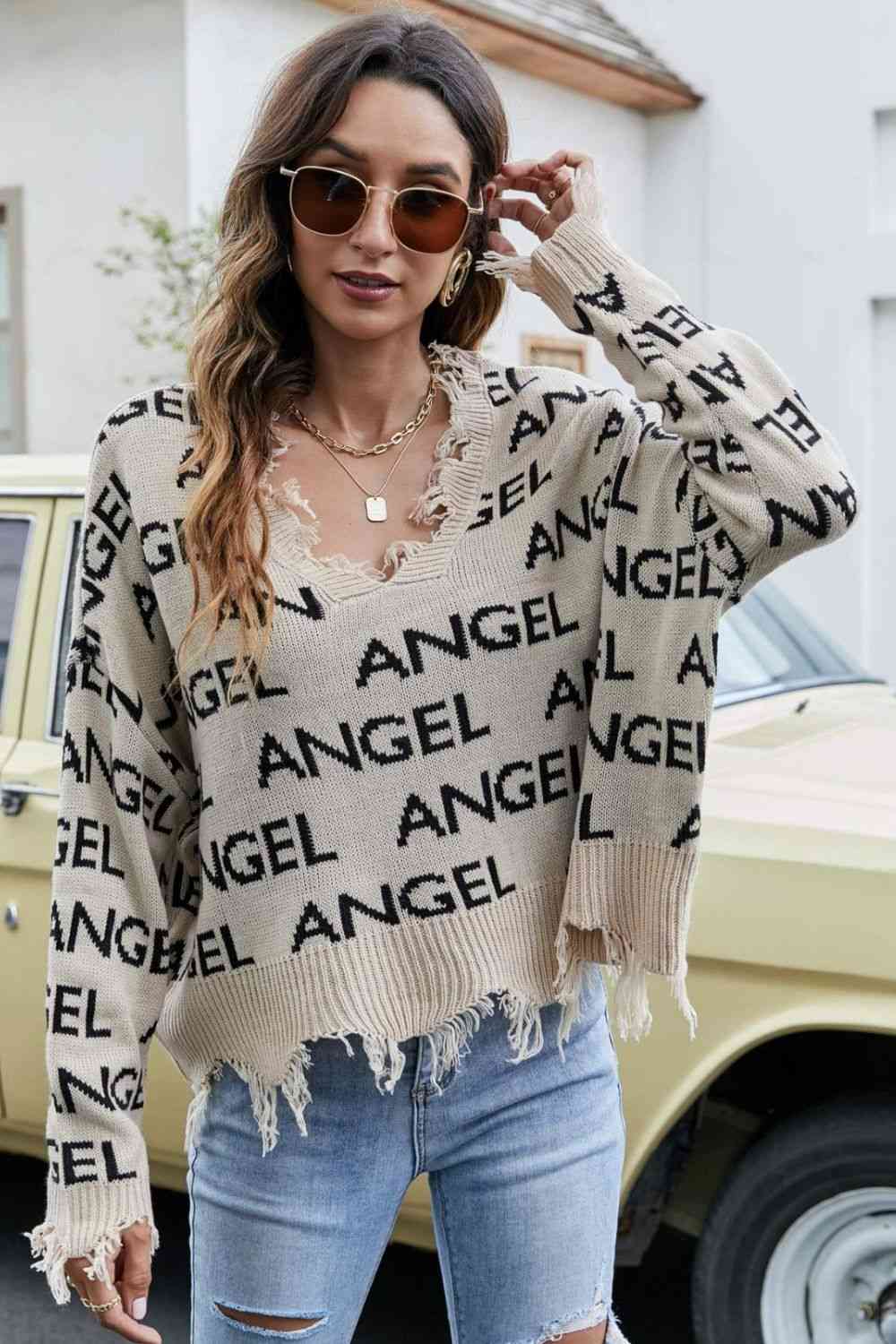 Distressed V-Neck Dropped Shoulder Sweater