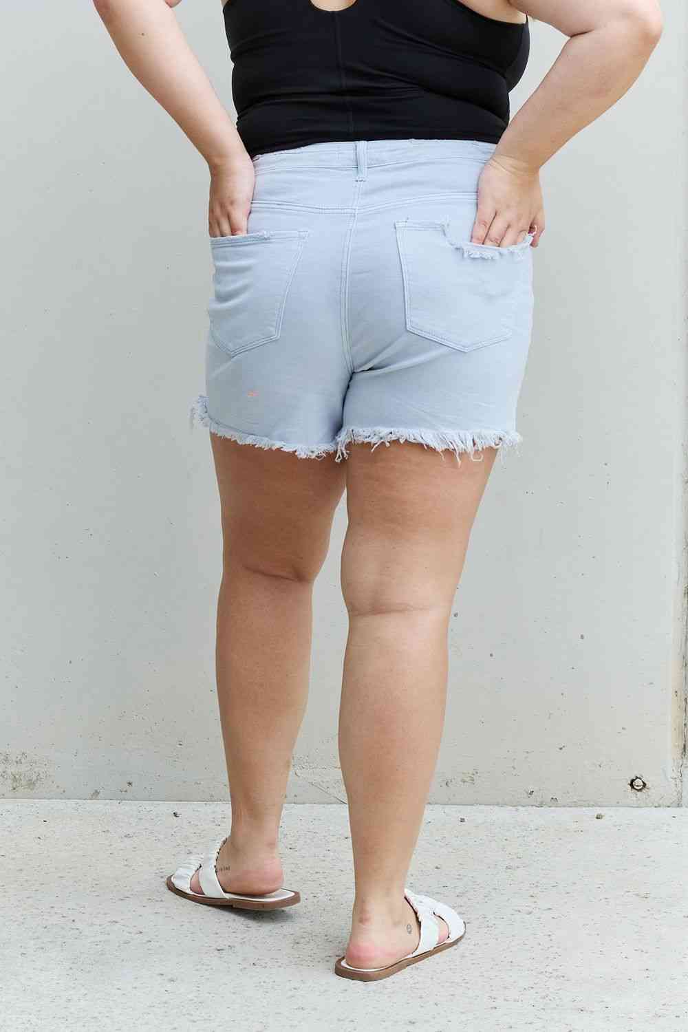 Plus Size High Waisted Distressed Shorts in Ice Blue