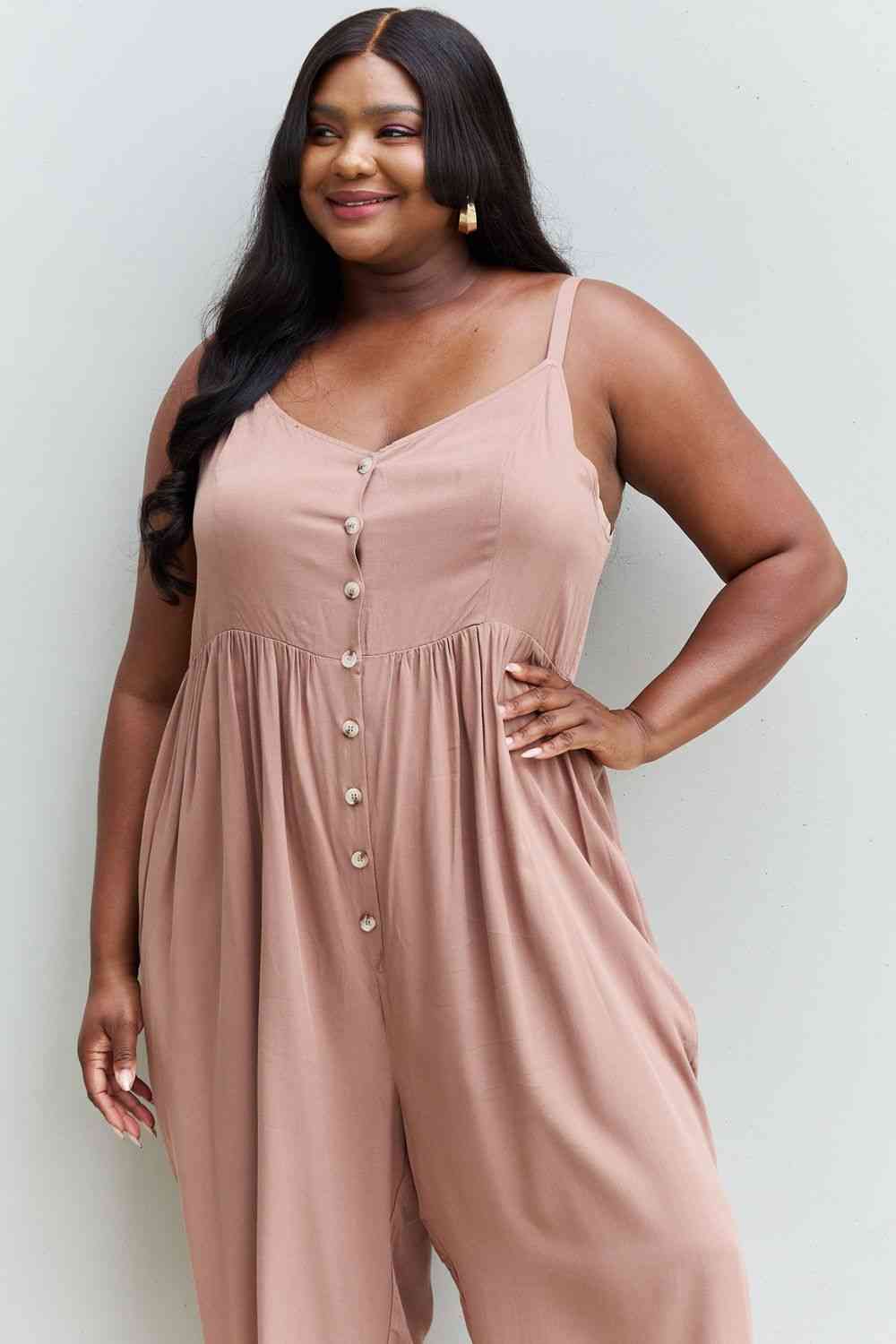 Plus Size Wide Leg Button Down Jumpsuit in Mocha